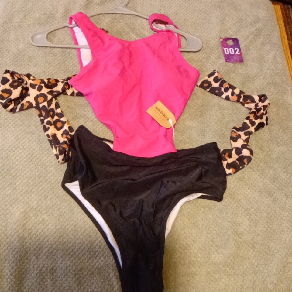 Pink and Black One-Piece Swimsuit with Leopard Accent
